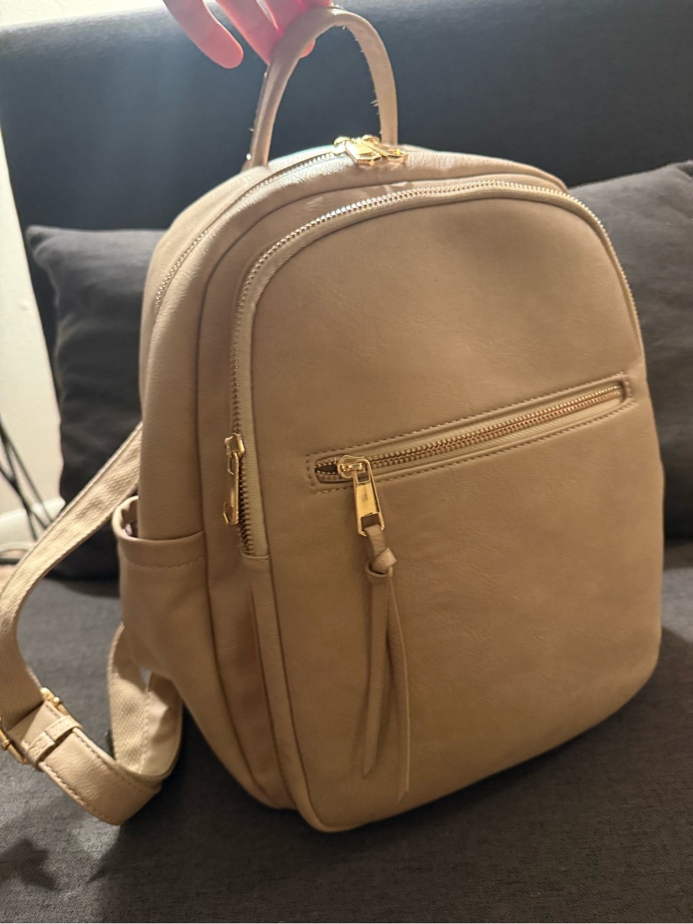 Leather Taupe Mini Backpack with Gold Hardware -
